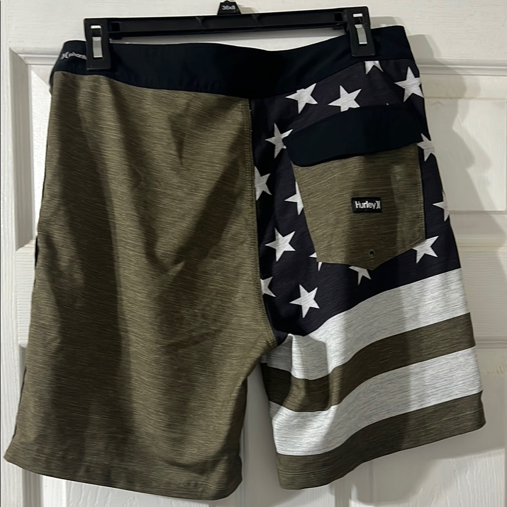 Hurley Green and Black Board Shorts Asymmetrical Design